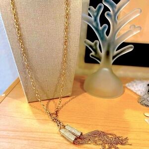 N294 Vintage gold tone pave crystal tassel necklace